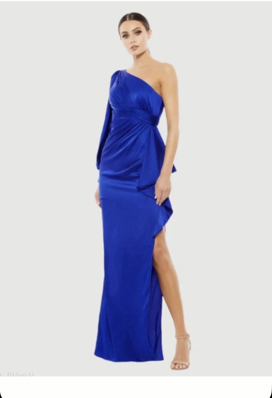 NWT Ieena Mac Duggal 55398 Sapphire Blue One Shoulder Satin Gown Size 6